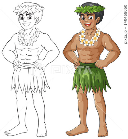 Smiling Hawaiian Dancer in Traditional Grass Skirt and Lei Smiling Hawaiian Dancer in Traditional Grass Skirt and Lei 140468060