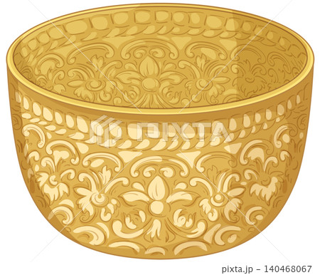Traditional Thai Golden Water Bowl with Intricate Floral Engravings 140468067