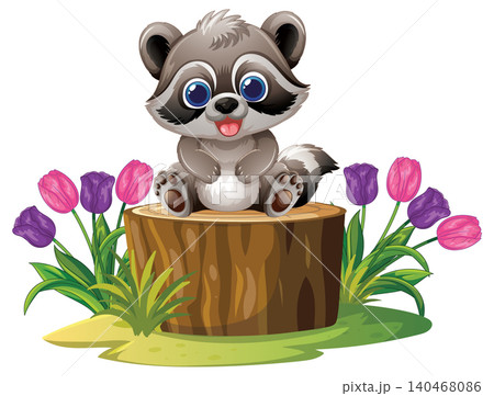 Cute Cartoon Raccoon Sitting on Tree Stump with Colorful Tulips Cute Cartoon Raccoon Sitting on Tree Stump with Colorful Tulips 140468086
