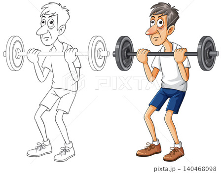 Cartoon Man Lifting Barbell in Color and Outline Styles 140468098