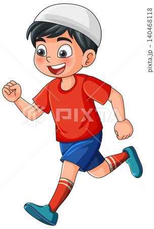 Vector Illustration of a Happy Young Muslim Boy Running in Sportswear 140468118