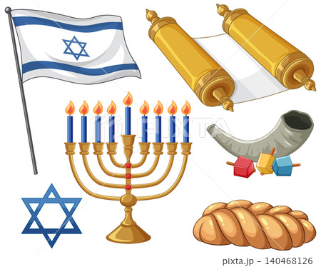 Collection of Traditional Jewish Symbols and Cultural Objects on White Background Collection of Traditional Jewish Symbols and Cultural Objects on White Background 140468126