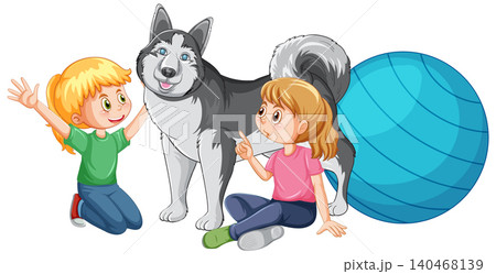 Two Young Girls Playing With Siberian Husky Dog and Blue Exercise Ball Two Young Girls Playing With Siberian Husky Dog and Blue Exercise Ball 140468139