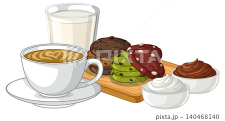 Vector Illustration of Coffee Latte with Assorted Cookies and Milk Vector Illustration of Coffee Latte with Assorted Cookies and Milk 140468140