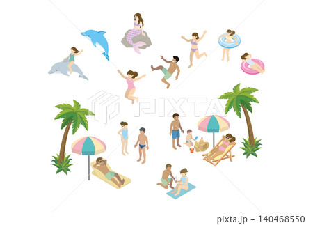 夏の海 ビーチ レジャー アイソメトリック 人物 水着 男女 子供 人魚 イルカ イラスト素材セット 夏の海 ビーチ レジャー アイソメトリック 人物 水着 男女 子供 人魚 イルカ イラスト素材セット 140468550