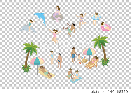 Summer sea, beach, leisure, isometric, people, swimwear, men and women, children, mermaid, dolphin, illustration material set Summer sea, beach, leisure, isometric, people, swimwear, men and women, children, mermaid, dolphin, illustration material set 140468550