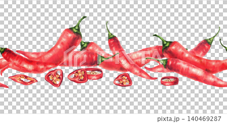 Watercolor red hot chili pepper seamless border. Whole and cut pods round sliced with seeds. Spicy vegetable food spices Hand drawn illustration isolated from background pattern for sauces label, menu Watercolor red hot chili pepper seamless border. Whole and cut pods round sliced with seeds. Spicy vegetable food spices Hand drawn illustration isolated from background pattern for sauces label, menu 140469287