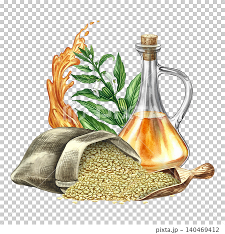 Sesame oil. Hand-drawn watercolor illustration. White sesame seeds in a burlap bag and a wooden scoop, a sesame stalk with leaves, pods, and flowers, a glass bottle of oil, a splash of oil. Sesame oil. Hand-drawn watercolor illustration. White sesame seeds in a burlap bag and a wooden scoop, a sesame stalk with leaves, pods, and flowers, a glass bottle of oil, a splash of oil. 140469412