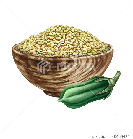 White sesame seeds in a wooden bowl, green sesame pod. Hand-drawn watercolor illustration. Perfect for creating labels, packaging, posters, banners, menus, and more. White sesame seeds in a wooden bowl, green sesame pod. Hand-drawn watercolor illustration. Perfect for creating labels, packaging, posters, banners, menus, and more. 140469424