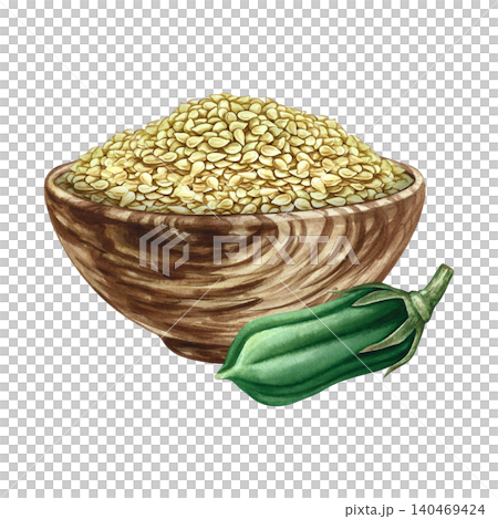 White sesame seeds in a wooden bowl, green sesame pod. Hand-drawn watercolor illustration. Perfect for creating labels, packaging, posters, banners, menus, and more. White sesame seeds in a wooden bowl, green sesame pod. Hand-drawn watercolor illustration. Perfect for creating labels, packaging, posters, banners, menus, and more. 140469424