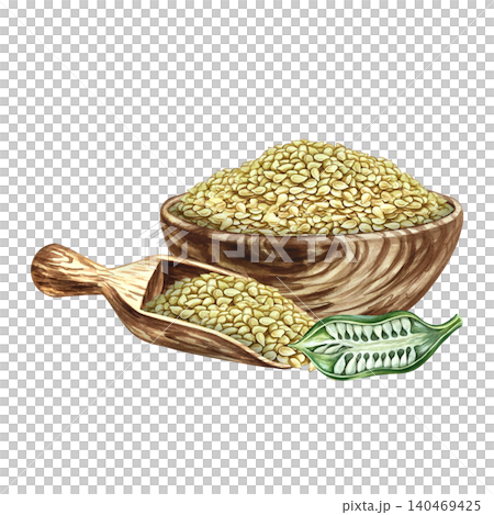 White sesame seeds in a wooden bowl and scoop, sesame seed pod in section. Hand-drawn watercolor illustration. Perfect for creating labels, packaging, posters, banners, menus, and more. 140469425
