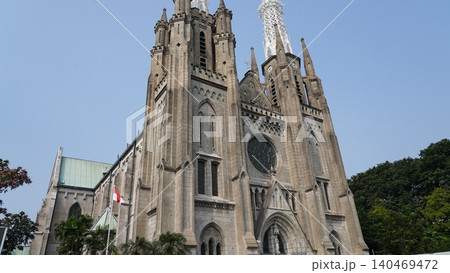 Jakarta Cathedral Majestic Architecture and Indonesian Flag 140469472