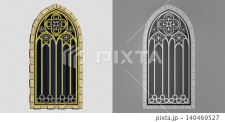 Medieval Arched Stone Window with Decorative Frame and Wall Medieval Arched Stone Window with Decorative Frame and Wall 140469527