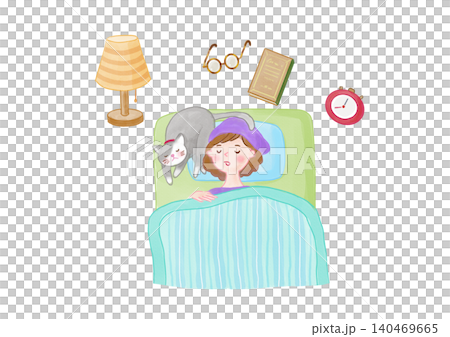 一位女士和她的貓睡得很香。 一位女士和她的貓睡得很香。 140469665
