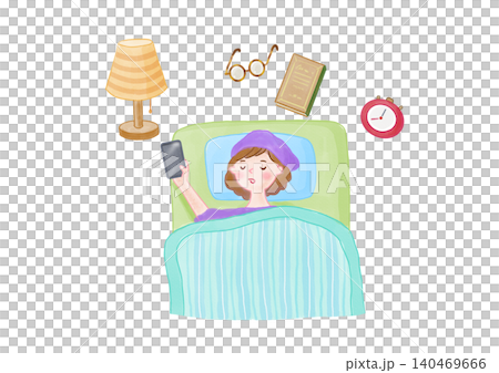 一名女子躺在床上看手機時睡著了。 140469666