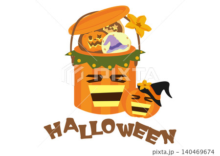 HALLOWEENの文字と爆笑する可愛いお菓子の入ったペンキ缶イラスト HALLOWEENの文字と爆笑する可愛いお菓子の入ったペンキ缶イラスト 140469674