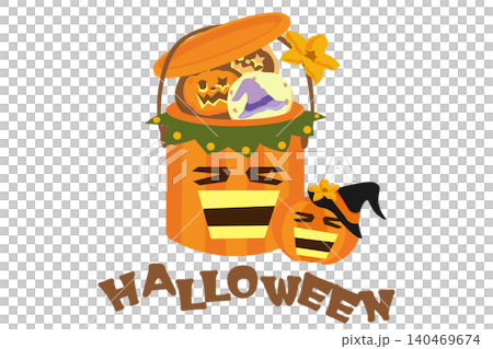 HALLOWEENの文字と爆笑する可愛いお菓子の入ったペンキ缶イラスト HALLOWEENの文字と爆笑する可愛いお菓子の入ったペンキ缶イラスト 140469674