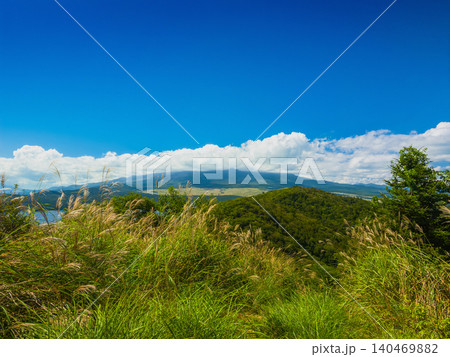 平尾山から望む雲を被った富士山とススキの初秋風景 (山梨県、山中湖村) 平尾山から望む雲を被った富士山とススキの初秋風景 (山梨県、山中湖村) 140469882