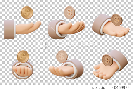 3D illustration set of hands with floating gold dollar coins isolated on white background 140469979