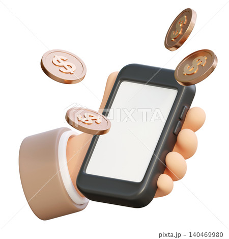 3D illustration of a hand holding a smartphone with floating gold dollar coins on white background 3D illustration of a hand holding a smartphone with floating gold dollar coins on white background 140469980