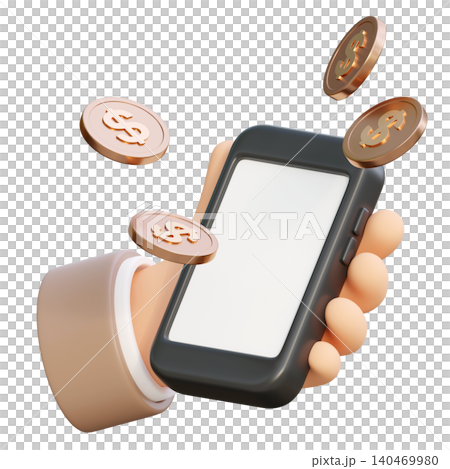3D illustration of a hand holding a smartphone with floating gold dollar coins on white background 140469980