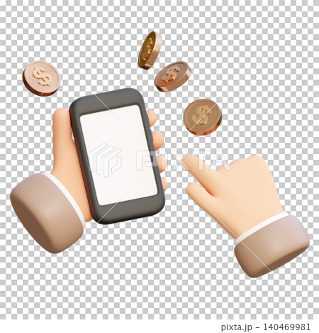3D illustration of a hand touching a smartphone with floating dollar coins on white background 3D illustration of a hand touching a smartphone with floating dollar coins on white background 140469981