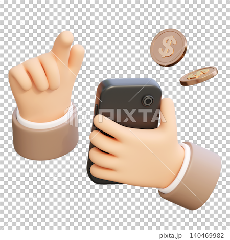 3D illustration of a hand holding a smartphone from back view with floating gold dollar coins 3D illustration of a hand holding a smartphone from back view with floating gold dollar coins 140469982