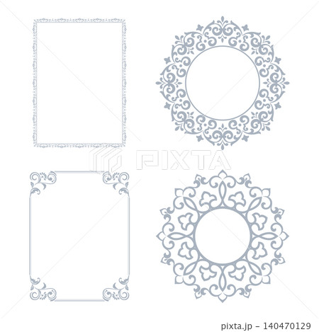 Set of decorative frames Elegant vector element for design in Eastern style, place for text. Floral gray and white frames. Lace illustration for invitations and greeting cards Set of decorative frames Elegant vector element for design in Eastern style, place for text. Floral gray and white frames. Lace illustration for invitations and greeting cards 140470129