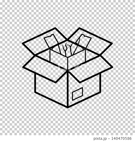 Clean isometric line art icon of an open cardboard parcel container box. Minimalist outline symbol for unboxing video, product mail delivery, and online shipping. Clean isometric line art icon of an open cardboard parcel container box. Minimalist outline symbol for unboxing video, product mail delivery, and online shipping. 140470586