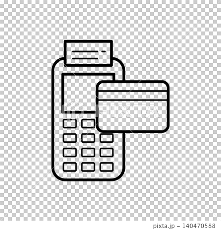 Minimalist isometric line art icon of a credit card machine terminal. Clean outline symbol for retail checkout counters, contactless payment, and banking sales. 140470588