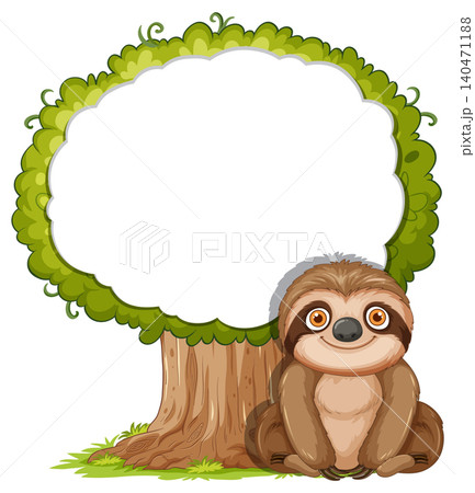 Cartoon Sloth Sitting Beside Tree With Blank Sign 140471188