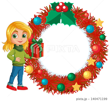 Vector Illustration of Girl with Present and Red Tinsel Wreath Border Vector Illustration of Girl with Present and Red Tinsel Wreath Border 140471199