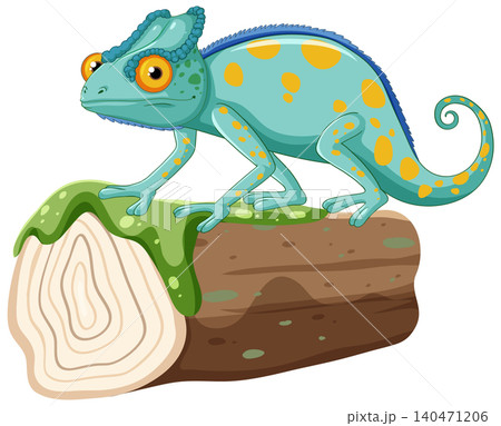 Cartoon Chameleon Illustration Standing on a Mossy Log Branch 140471206