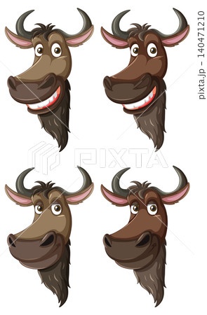 Cartoon Wildebeest Heads with Varied Expressions Vector Set Cartoon Wildebeest Heads with Varied Expressions Vector Set 140471210