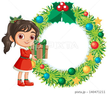 Cartoon Girl Holding Gift Box Next to Decorated Christmas Wreath Frame Cartoon Girl Holding Gift Box Next to Decorated Christmas Wreath Frame 140471211