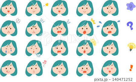 ボブヘアの若い女性の様々な表情のイラストセット ボブヘアの若い女性の様々な表情のイラストセット 140471252