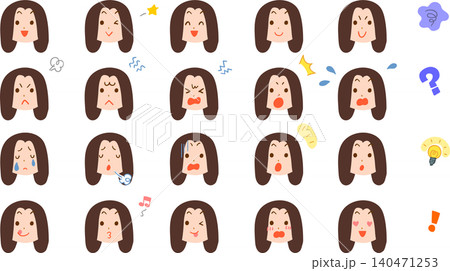 髪の長い若い女性の様々な表情のイラストセット 髪の長い若い女性の様々な表情のイラストセット 140471253