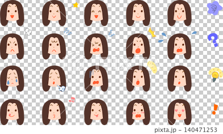 髪の長い若い女性の様々な表情のイラストセット 髪の長い若い女性の様々な表情のイラストセット 140471253