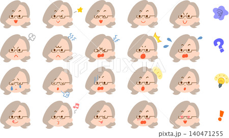 眼鏡をかけた若い女性の様々な表情のイラストセット 140471255