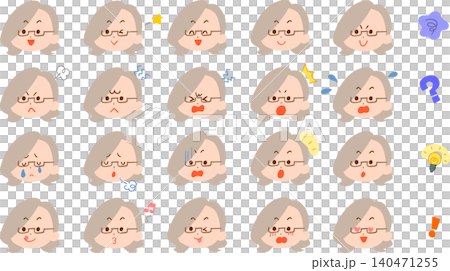 眼鏡をかけた若い女性の様々な表情のイラストセット 140471255