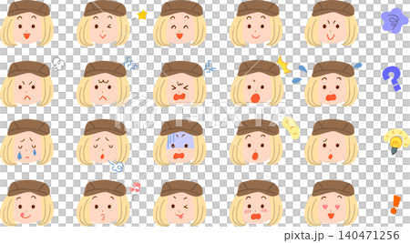 ハンチング帽をかぶった若い女性の様々な表情のイラストセット 140471256