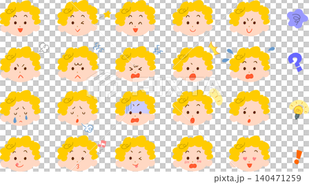 パーマをかけた黄色い髪の若い女性の様々な表情のイラストセット パーマをかけた黄色い髪の若い女性の様々な表情のイラストセット 140471259