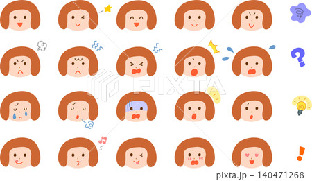 おかっぱの若い女性の様々な表情のイラストセット おかっぱの若い女性の様々な表情のイラストセット 140471268