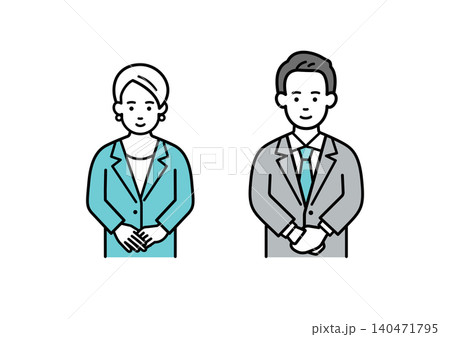 お辞儀をするスーツ姿の会社員の男女 140471795