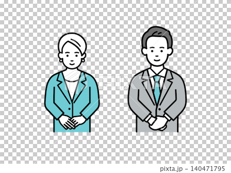 お辞儀をするスーツ姿の会社員の男女 140471795