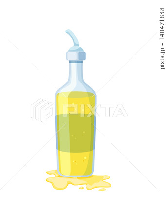 Glass oil bottle with dispenser cap and spill puddle stock illustration. 140471838