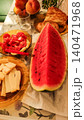 Refreshing summer lunch featuring watermelon, cheese, and tomato salad in croatia 140471968
