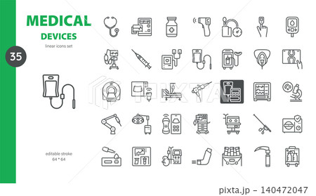 Simple Set of Medical Devices Related Vector Line Icons. Contains such Icons as Stethoscope, Thermometer, CT Scanner, IV Drip, Glucometer and more. Editable Stroke. Pixel Perfect Vector. Simple Set of Medical Devices Related Vector Line Icons. Contains such Icons as Stethoscope, Thermometer, CT Scanner, IV Drip, Glucometer and more. Editable Stroke. Pixel Perfect Vector. 140472047