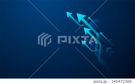 Set of arrows moving up on dark blue background. the bright arrows upward growth trend. blue arrow uptrend design showcases multiple arrows rising, symbolizing growth 140472360