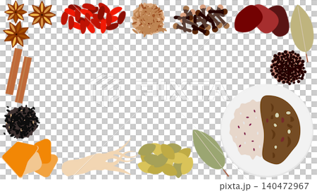 薬膳カレーとスパイスのフレームイラスト素材(フルHDの16:9サイズ) 140472967